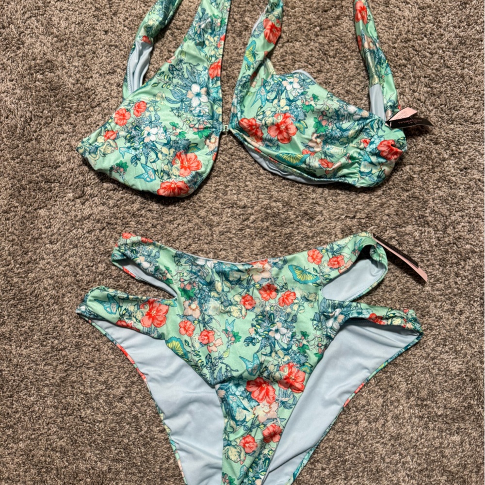 Victoria's Secret Blue and Red Bikini with Floral Print